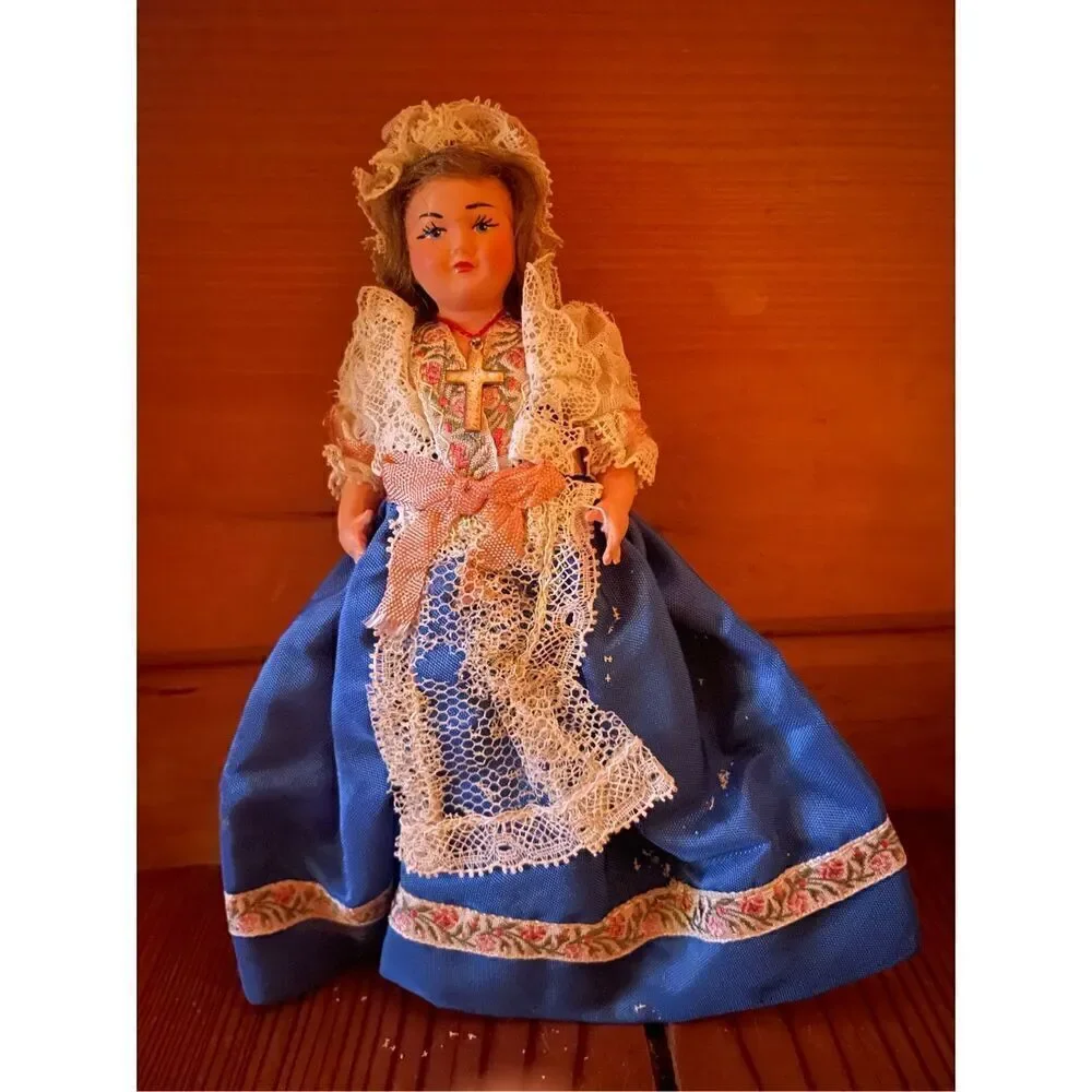 Christian Cross Gypsy Dress Lace Nouveau Victorian Woman Doll VTG 50s